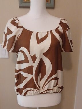 MELLODAY Brown and Cream Floral Puff-Sleeve Top